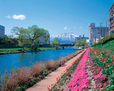 北上川湖畔と岩手山